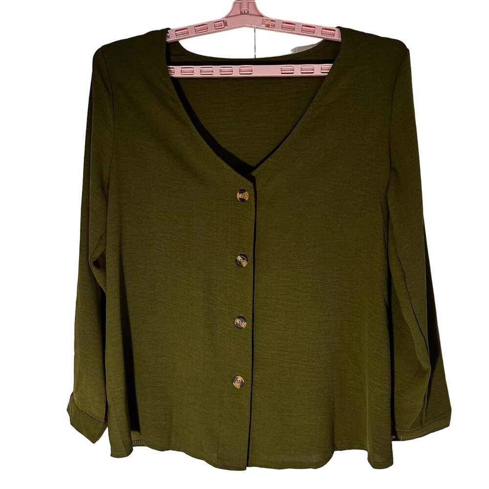 Lola Blooms Boutique Olive Green Long Roll Up Sleeve Button-Up Blouse SZ Large